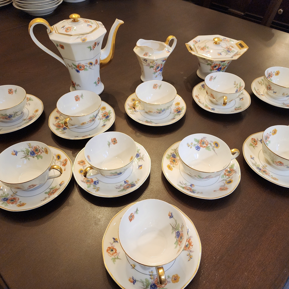 26 Pc Haviland Limoges Peonies Coffee Pot, Creamer, Lidded Sugar & 10 Cup Saucer